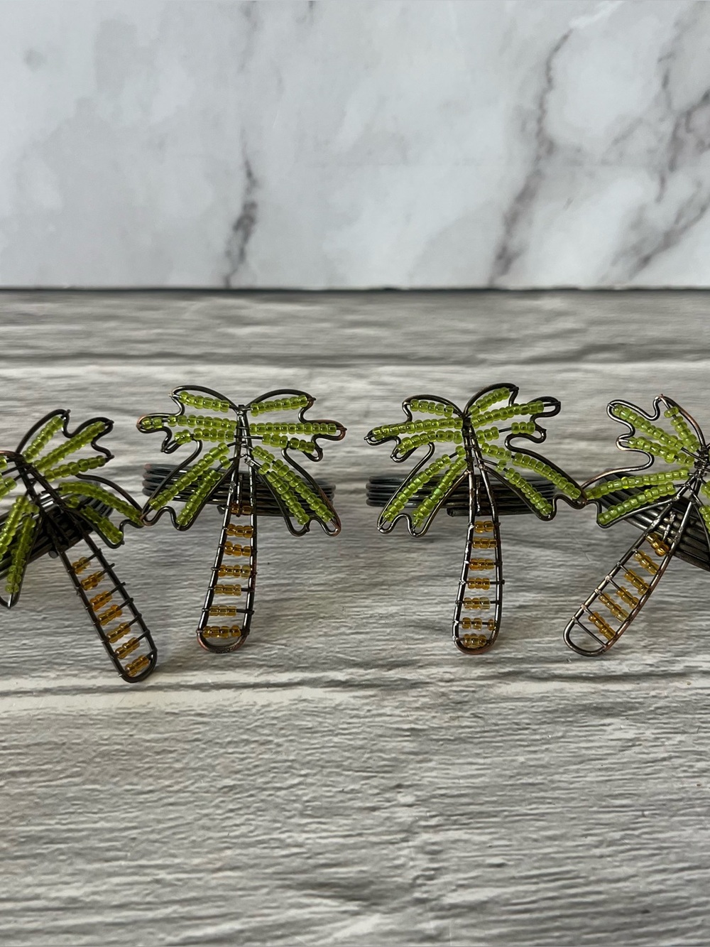 Vintage Wired Tropical Boho Palm Trees Napkin Rings, Set of 4 Beaded Table Decor